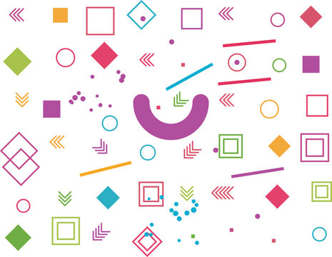 Colorful abstract geometric shapes pattern with circles squares and arrows for modern design isolated on transparent background, Vector