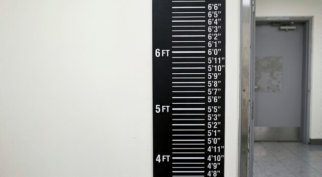 Black mugshot height measurement board on a white wall. Police booking background with scale in feet and inches. Copy space for text