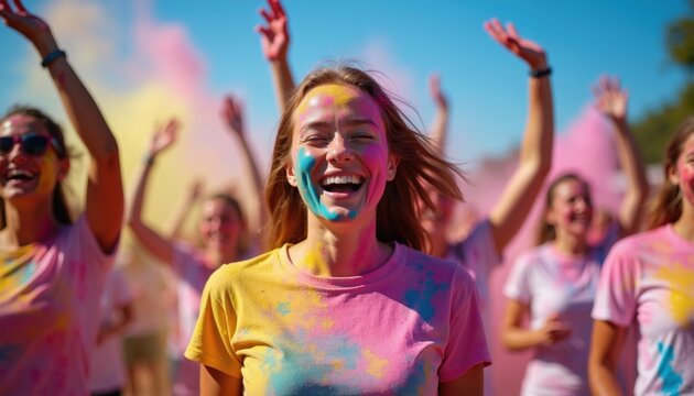 Cheerful women run race covered in bright paint powder. Friends celebrate sport event with colorful explosion, happy faces mid-action. Joyful group smiles outdoors at sunny day.