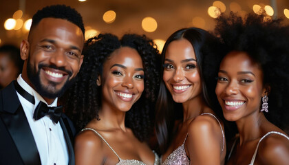 Obraz premium Diverse friends in formal attire smile at elegant gala event. People celebrate together looking happy and stylish, enjoying upscale social gathering.
