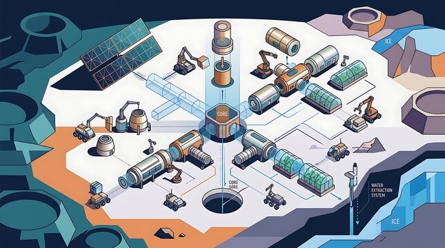 Futuristic lunar colony layout with resource extraction and greenhouses