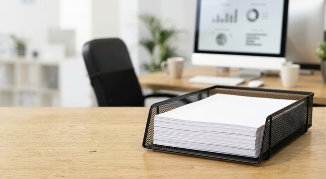Stack of blank white paper sheets in a black wire tray on a wooden desk. Modern office workplace with computer monitor and copy space