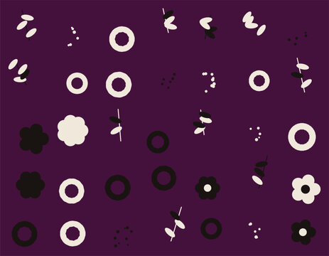 Set of simple geometric shapes and flower icons in white on a dark red maroon background isolated on transparent background, Vector