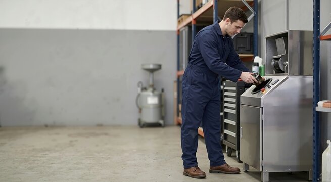 Mechanic placing used oil filter into recycling machine. Man in blue coveralls working in automotive repair workshop