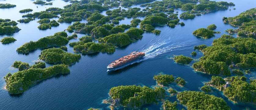 Boat travels through a group of green islands in a wide body of water on a sunny day