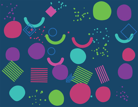 Abstract background with colorful geometric shapes and circles on a dark blue surface isolated on transparent background, Vector