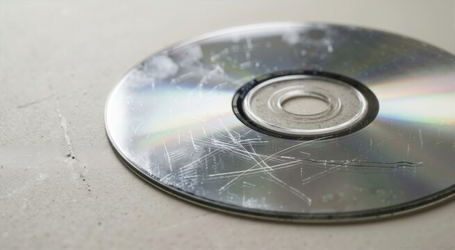 Close up of heavily scratched cd disc surface. Damaged compact disc with rainbow reflection on textured background. Obsolete technology and data loss concept