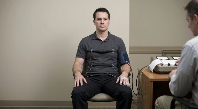 Male subject sitting with polygraph machine wires and sensors attached. Man undergoing a lie detector test with chest straps and blood pressure cuff. Criminal investigation interrogation