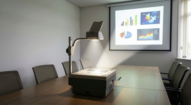 Vintage overhead projector showing financial charts on a screen. Empty corporate conference room with wooden table and presentation slides