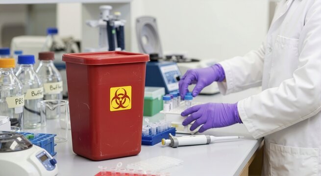 Red biohazard waste container on a laboratory bench. Scientist in white coat and purple gloves handling sample vials in a modern clinical research lab