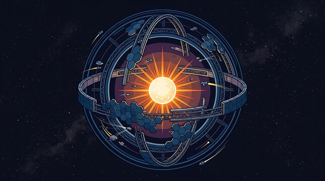 Dyson sphere mega-structure surrounding a glowing star in deep space