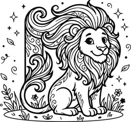 Obraz premium Majestic lion sitting in decorative frame illustration. Hand-drawn regal wildlife art with ornate border design for branding.