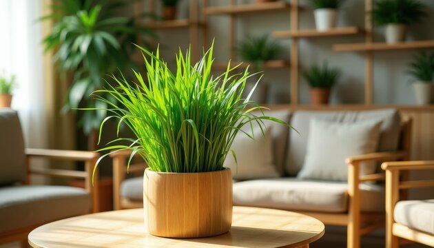 Green grass plant sits in round wooden pot on table. Bright living room interior features bamboo shelves with potted foliage decor. Eco friendly home design provides cozy atmosphere. Modern natural