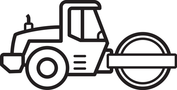 simple road steam roller icon line drawing side view simplified vector isolated on transparent background