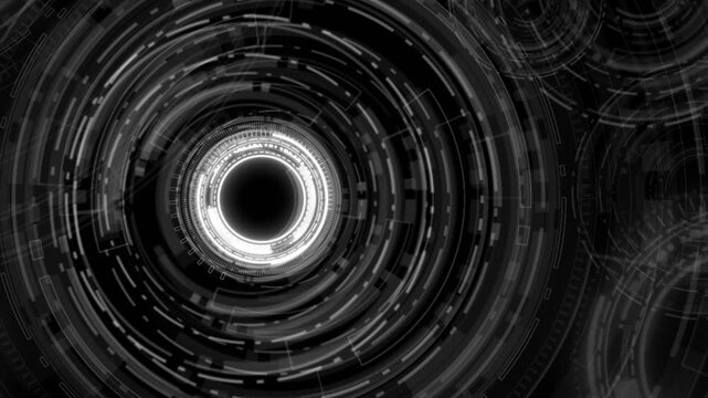 White futuristic interface ring dark circular layers, technical marks, glowing scanner center advanced motion graphics. AI titles, cyber visuals, data portals, countdown scenes, sci fi 19