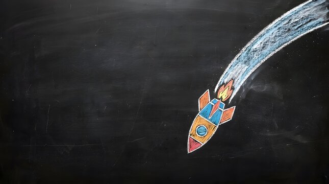 Colorful hand drawn rocket launching into space on dark blackboard background symbolizing startup success.