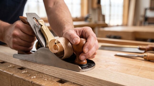 Craftsman using hand plane to shape wood with shaving curl  