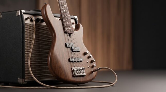 Electric bass guitar resting next to amplifier with cable connected  