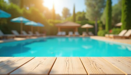 Fototapeta premium Empty wooden table surface in front of sunny outdoor swimming pool. Blur background of luxury resort garden area with blue water deck chairs, umbrellas. Mockup space for product display presentation