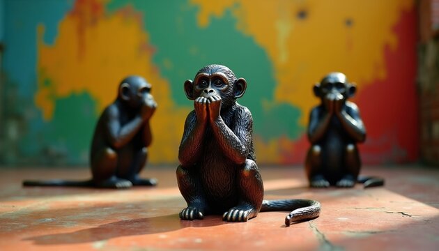Three metal monkey statues sit on ground against colorful blurred background. Bronze figures represent see no evil hear no evil speak no evil concept. Small primate figurines symbolize wisdom