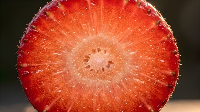 Macro extreme close up of sliced strawberry fruit showing textured seed pattern and juicy red pulp with backlight.