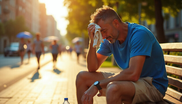 Man wipes sweat from brow sitting on park bench. Overheated city dweller under intense summer sun. People walk by with umbrellas avoiding hot weather.