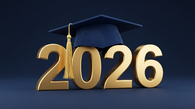 Gold 2026 number figures with graduation cap on dark blue background graduation education academic