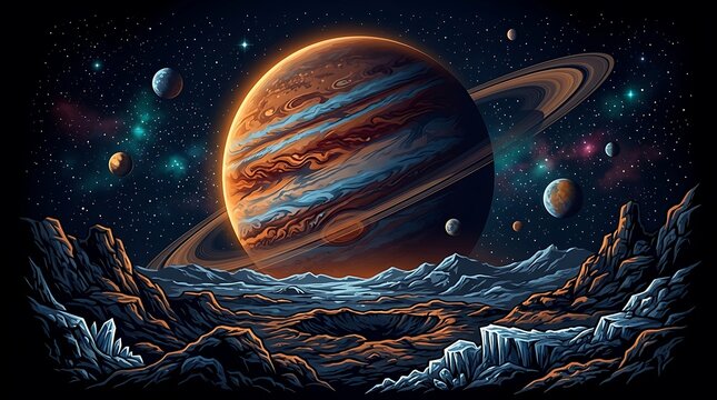 Gas giant planet with rings over a craggy alien moon surface