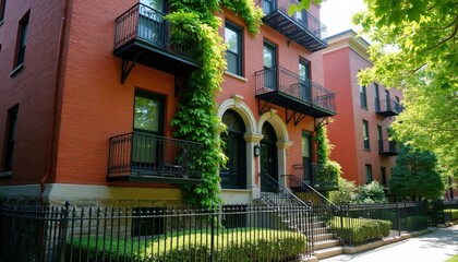 Fototapeta premium Old red brick apartment building with black metal balconies, green climbing plants. Traditional residential architecture shows classic European style urban houses. Sunny street view of vintage city