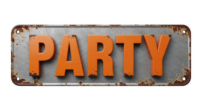 Vintage rusted metal sign with bold word party