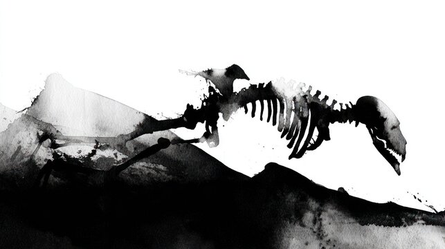 Ink painting of skeleton in flight over abstract black landscape