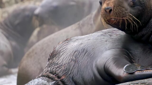 A lively colony of sea lions enjoys the chilly Arctic environment, where adorable cubs frolic and explore. Their playful interactions bring joy amidst the rugged beauty of their icy home.