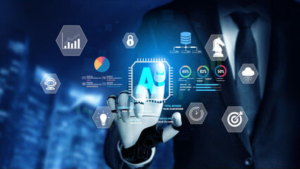 Obraz premium Futuristic Businessman With Robotic Hand Interacting With Artificial Intelligence Data And Graphs In A Modern Urban Environment Fluxor.