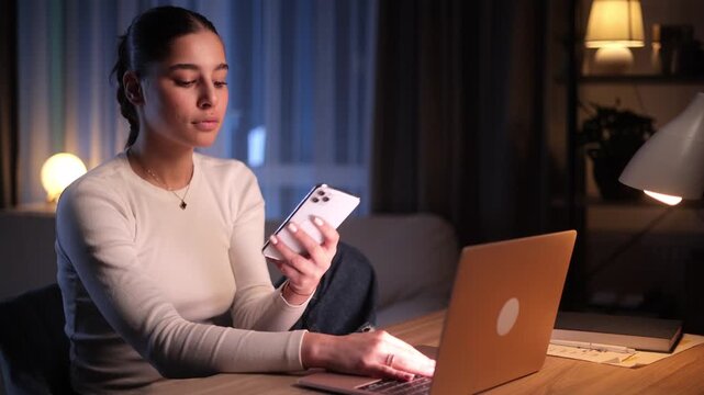 Young dark-haired woman answering a smartphone call while working on laptop late at night. Female freelancer talking on mobile phone at desk in cozy home office