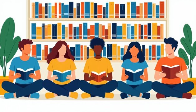 Diverse group of young students sitting on floor together in library reading books. People focus on literature near bookshelves. Multiethnic friends study textbooks in classroom. Happy pupils learn
