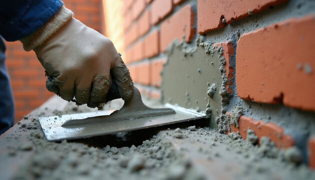 Bricklayer uses trowel to apply mortar on bricks building wall. Skilled worker levels cement with tool during construction project. Hand in glove shapes material for structure.