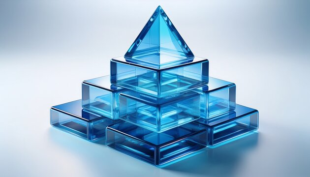 futuristic stacked blue glass cubes in pyramid shape on white background with shadows representing technology and innovation
