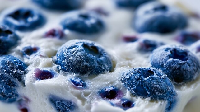 A macro study of frozen blueberry surfaces embedded deeply within creamy yogurt textures with exceptional detail