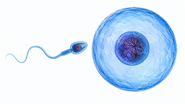 A 3D medical illustration depicting a single sperm cell approaching a large egg cell, highlighting human reproduction, fertilization, and cellular biology on a white background.