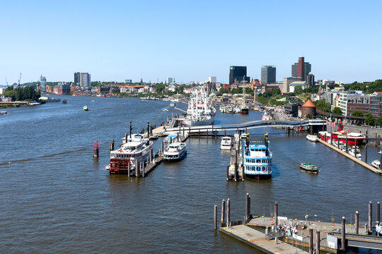 Elevated panoramic view of the Port of Hamburg and Landungsbruecken piers taken from the Elbphilharmonie plaza