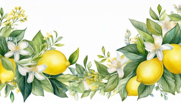 watercolor border with lemons flowers and greenery