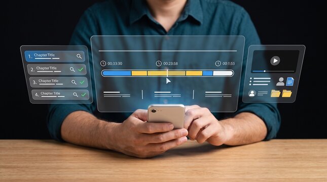 Man working on editing content creation using a mobile phone with holographic video timeline interface, timeline creation, holographic interface, creative dashboard