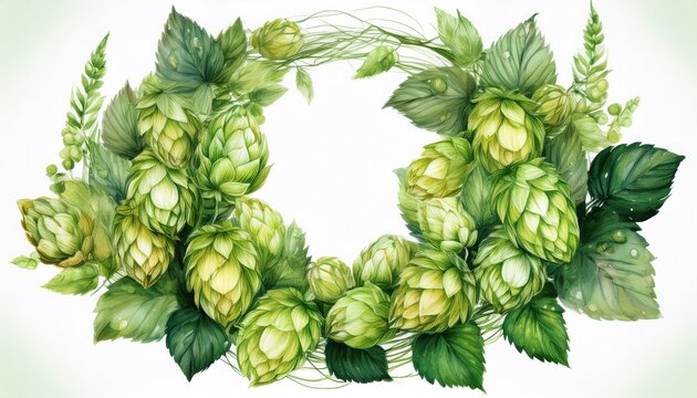 watercolor wreath of green hops with leaves