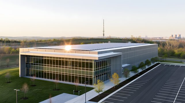 A modern office building with a large parking lot at sunset