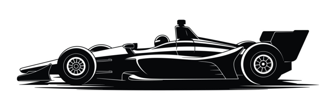 Open Wheel Racing Car Silhouette: A sleek, black silhouette of an open-wheel racing car, captured in a dynamic side profile, ready for the thrill of the race.