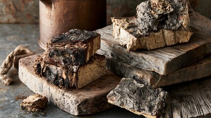 Fototapeta premium A rustic handcrafted styling scene featuring irregular bark pieces displayed on weathered wooden serving boards