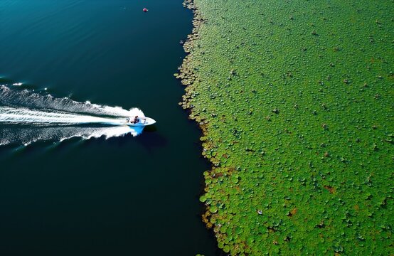 Aerial view of fast motorboat moving on dark lake water near thick green water lily field. People ride white boat leaving long white wake wave trail on blue pond surface. Summer travel vacation trip