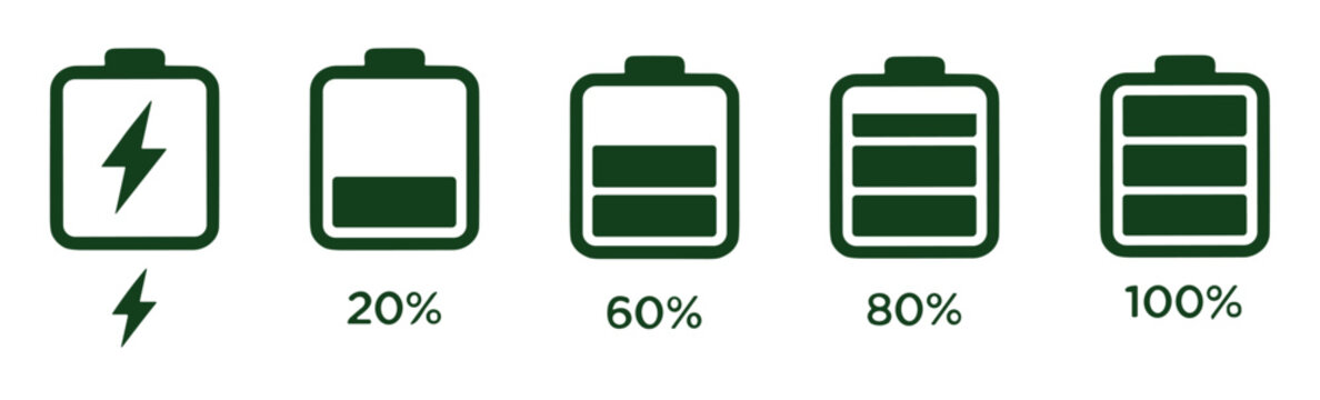 Battery Level Indicators: A set of five battery icons illustrating different charging states from empty with a lightning bolt to fully charged at 100%, symbolizing power levels and energy status.