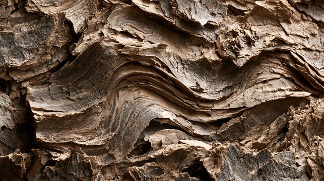A top-down composition where bark fragments create elegant wave patterns moving diagonally across the frame