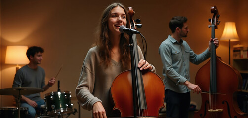 Fototapeta premium Young woman sings playing cello with bandmates drumming and playing double bass. Musicians practice together in rehearsal room. People enjoy making music.
